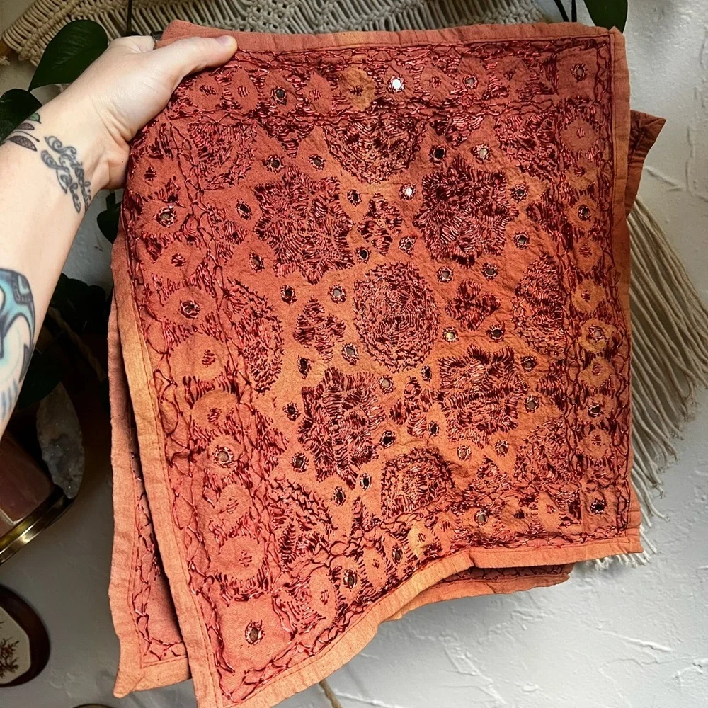 Vintage Boho Embroidered Pillow Covers 15x15 Orange & Red with Mirror Accents